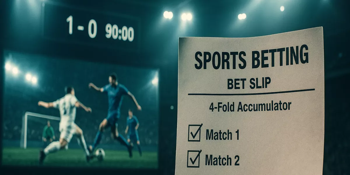 Dramatic football match in 90th minute showing accumulator bet slip with three winning legs and one pending selection