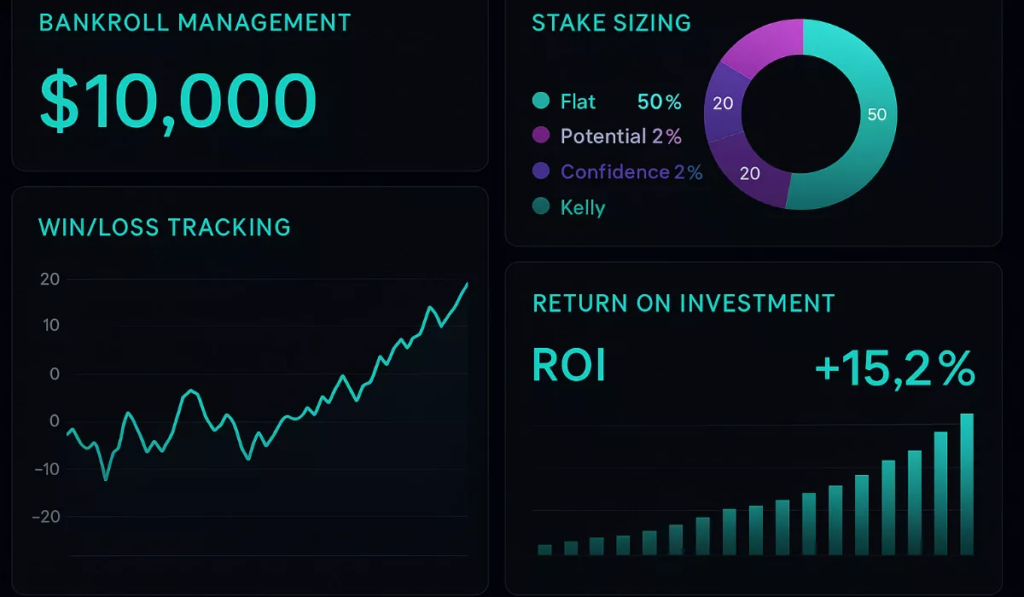 Professional betting strategy dashboard showing bankroll management and performance tracking