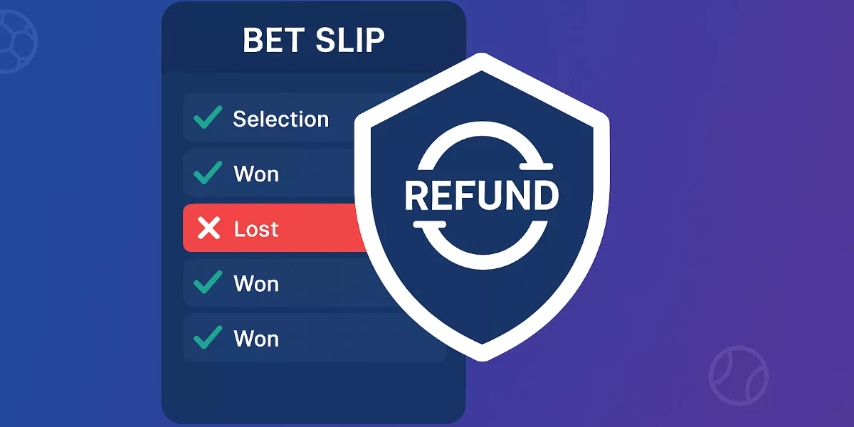 Acca insurance betting illustration showing multiple bet selections with protective shield and refund symbol