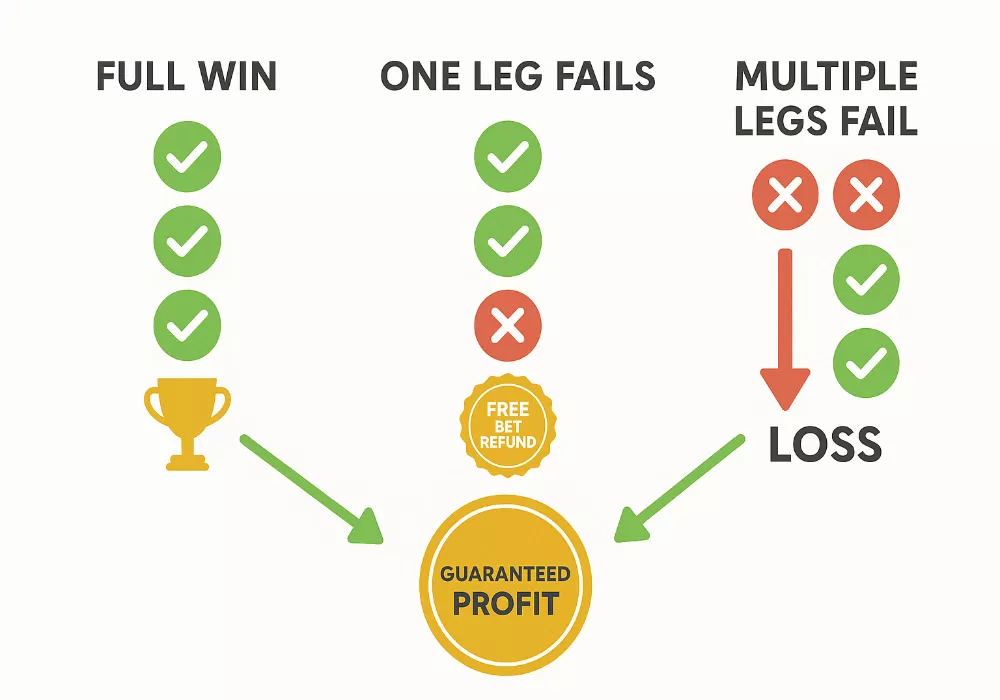 Three outcome scenarios diagram showing full win, one leg fails with insurance refund, and multiple legs fail in accumulator betting
