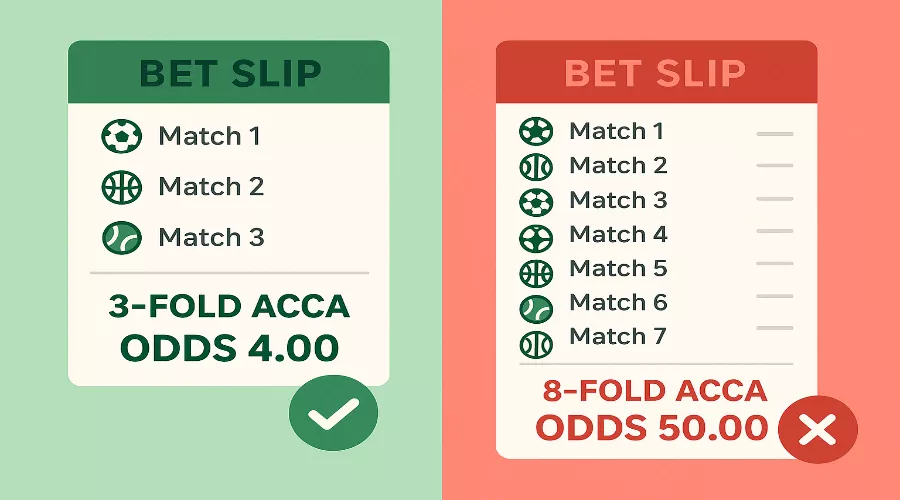 Comparison of 3-fold accumulator with 4.00 odds versus overloaded 8-fold accumulator with 50.00 odds showing risk difference