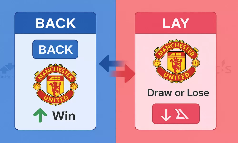 Back and lay betting illustration showing bookmaker backing versus exchange laying hedging strategy with Betfair and Smarkets