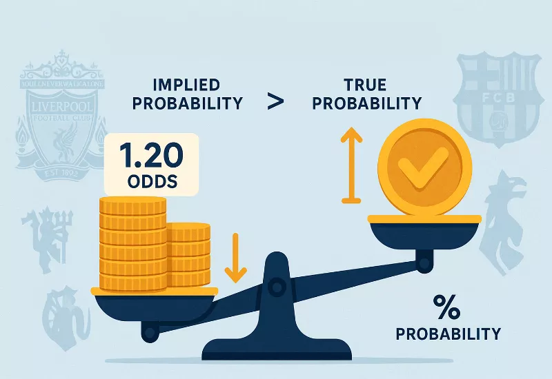 Balance scale illustration showing value betting concept comparing 1.20 odds heavy favorites versus true probability and betting value