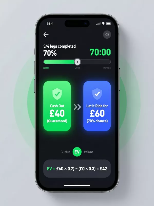 Smartphone betting app showing cash-out decision with 40 pounds guaranteed versus 60 pounds potential payout with expected value calculations