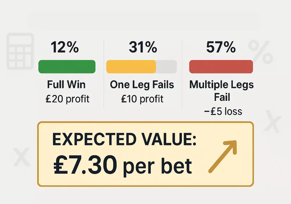 Expected value calculation showing probability distribution of full win, one leg fails, and multiple legs fail with profit visualization