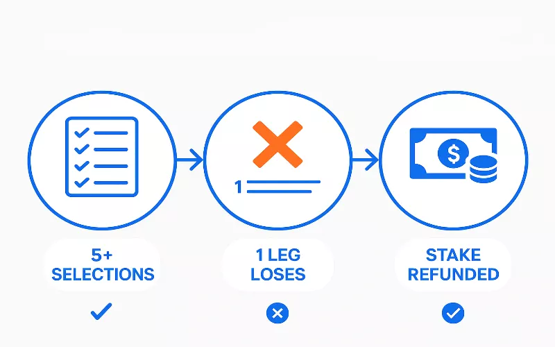 Step-by-step infographic explaining how accumulator insurance works with betting selections and refund process