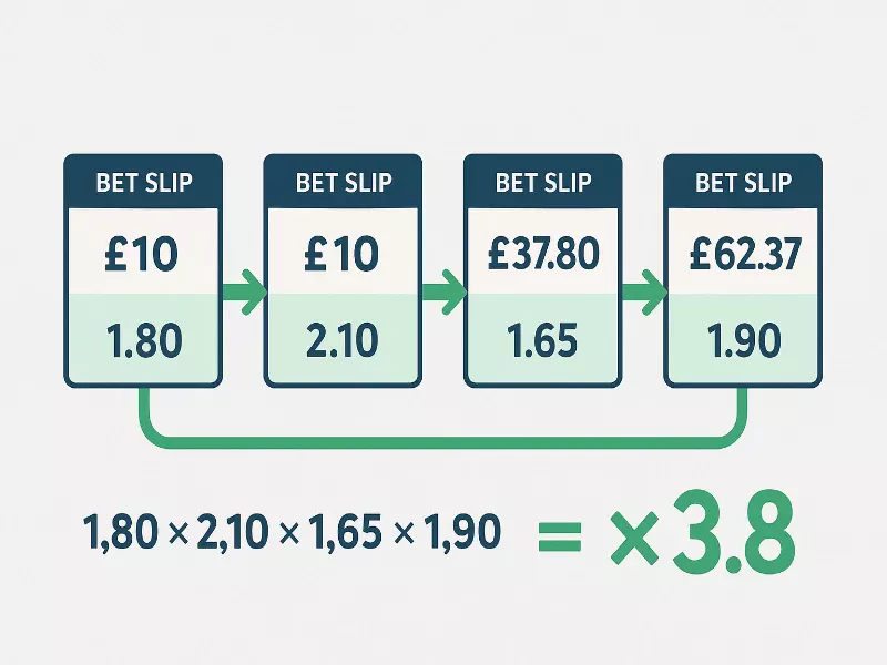 Infographic showing how accumulator bets multiply odds through connected selections