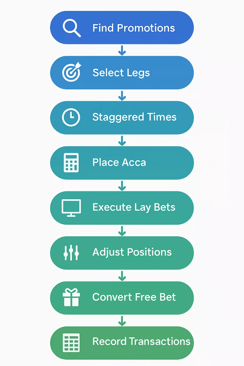 Step-by-step flowchart of matched betting accumulator process from finding promotions to recording transactions