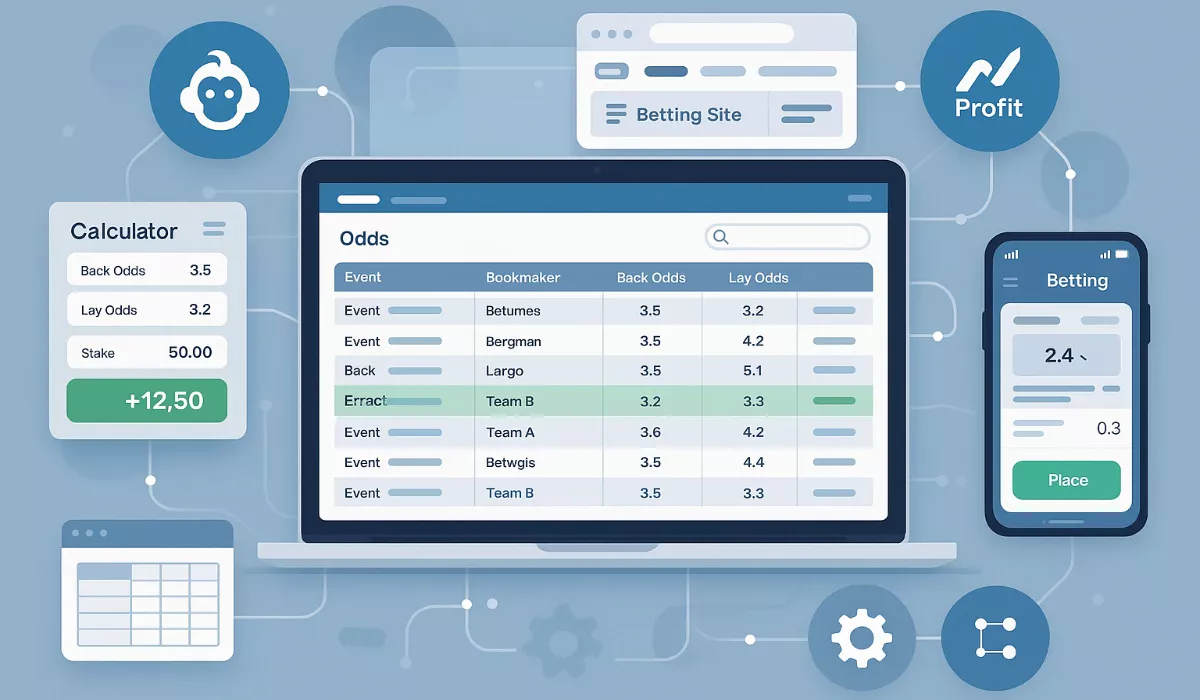 Matched betting software dashboard showing OddsMonkey, Profit Accumulator, calculator interface, and automation tools