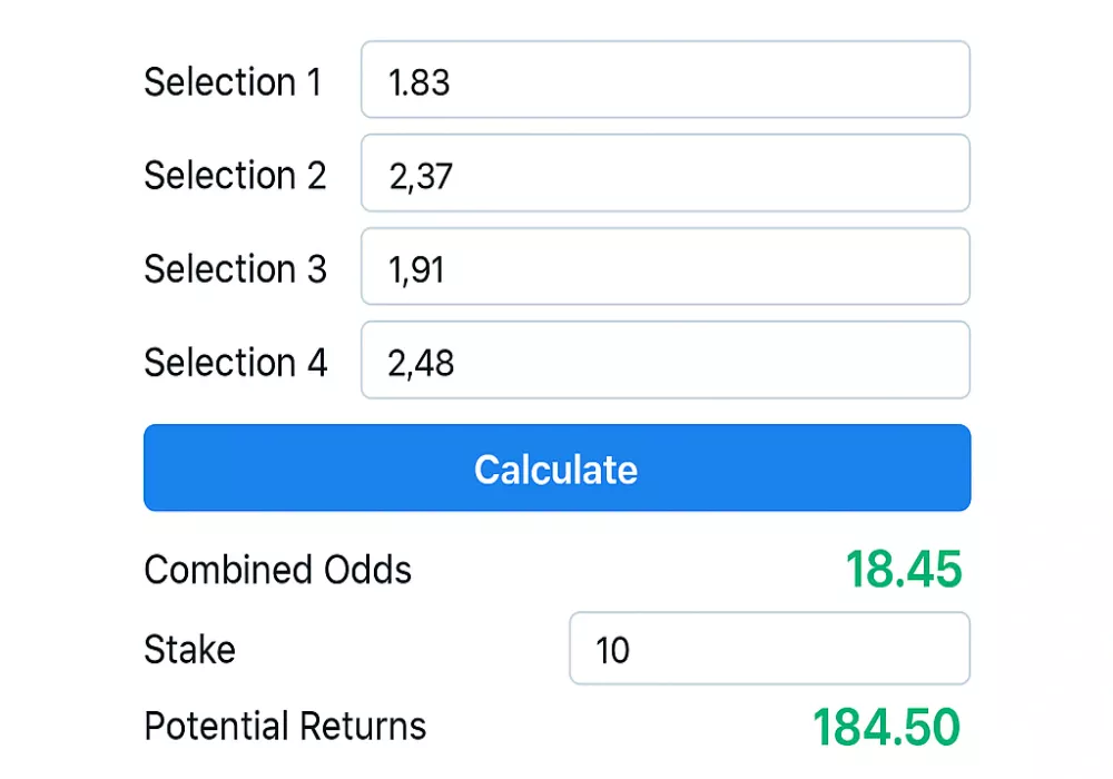 Modern online accumulator calculator interface showing odds input and results