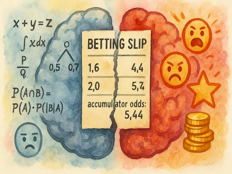 Illustration showing the psychological aspects of accumulator betting with logical and emotional brain responses